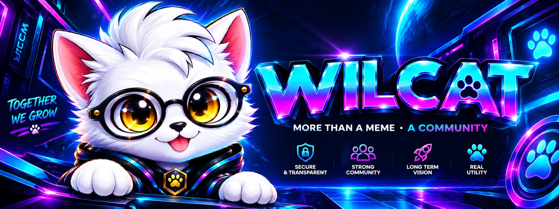 Banner WILCAT: gato branco com óculos em cenário neon, com a mensagem More than a meme · A community
