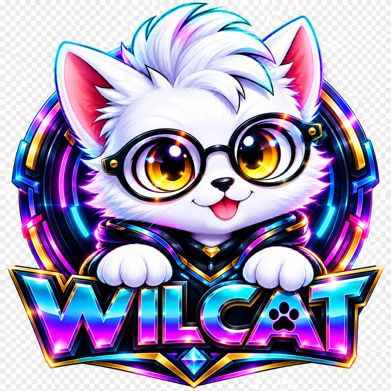 Mascote WILCAT: gato branco com óculos e fones neon